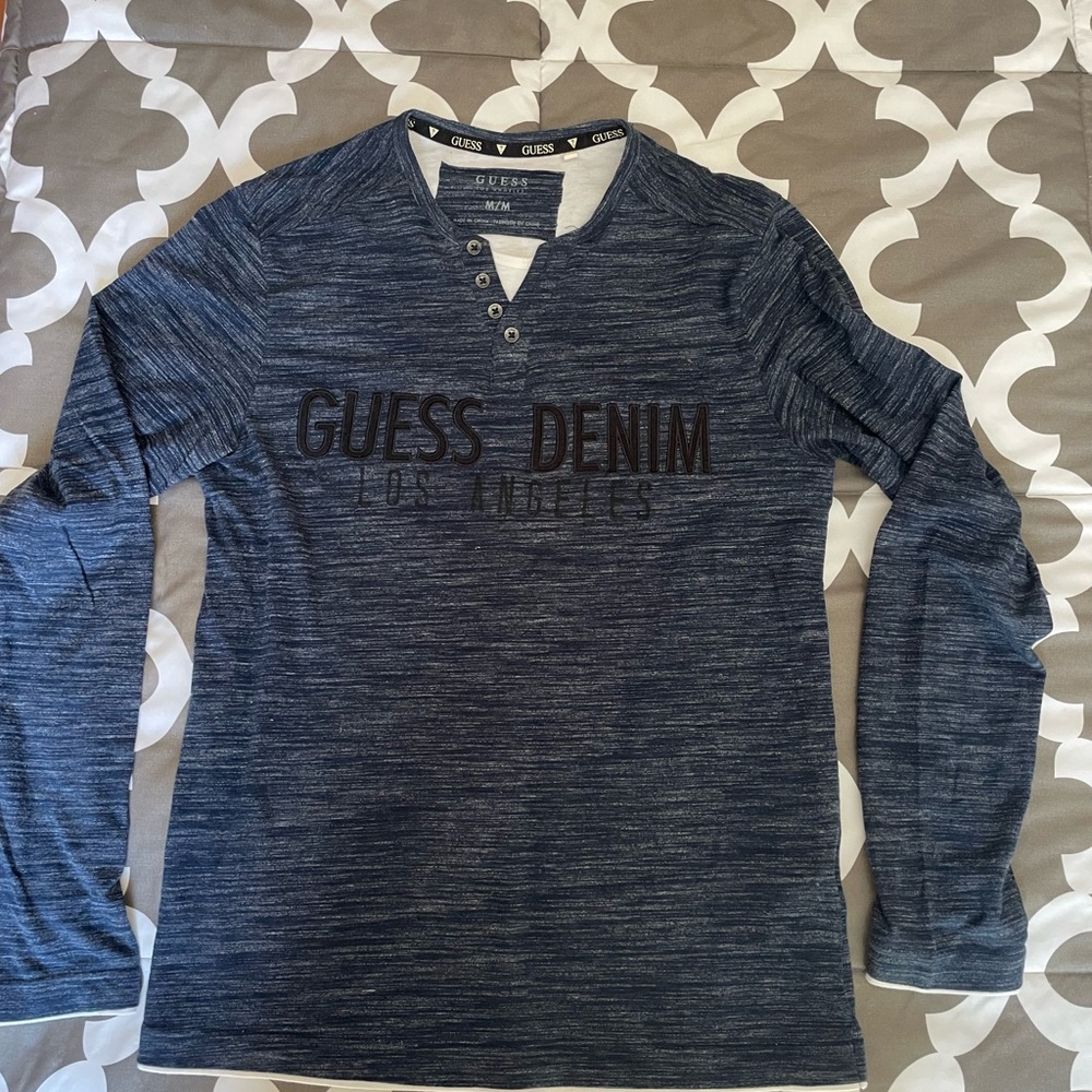 Guess Denim Heathered Blue Long Sleeve Shirt